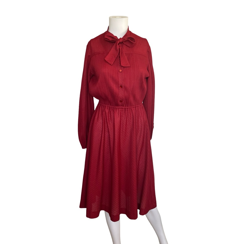 Vintage 70s Checkaberry Dress Red Long Sleeve Pussybow Union Made
